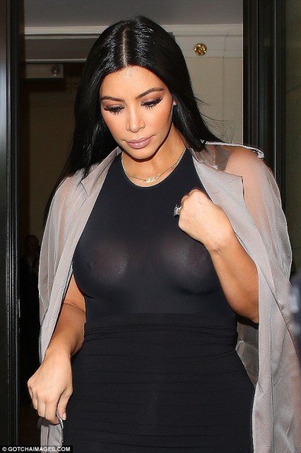 Kim Kardashian nipples in braless see-through dress