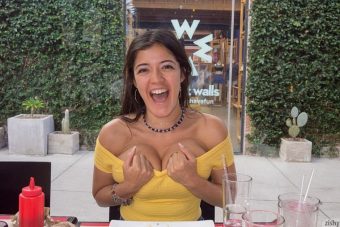 hot girl braless squeezing her big tits in tight blouse