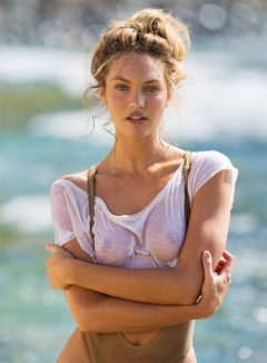 Candice Swanepoel nipples Wet Tight White T-Shirt on the beach