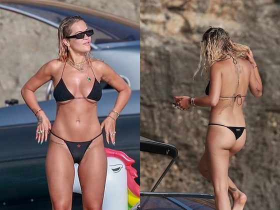 Rita Ora leaves NOTHING to the imagination as she flashes under-boob in a TINY black bikini!