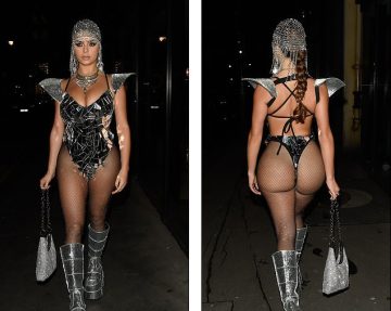 Demi Rose turns up the heat in a busty mirrored bodysuit as she enjoys a Halloween night out!
