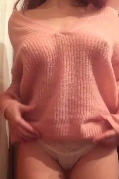 busty girl in sexy braless sweater and white panties