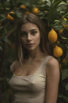 braless brunette sexy t-shirt pokies in lemon garden