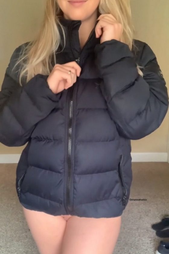 Bigger than expected: hot blonde uzipping her jacket with no bra and no panties! (gif)