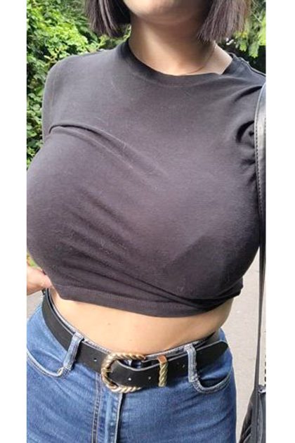 Flashing my huge boobs before going inside (gif)