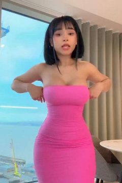 busty Asian giirl with a sexy strapless dress on tiktok