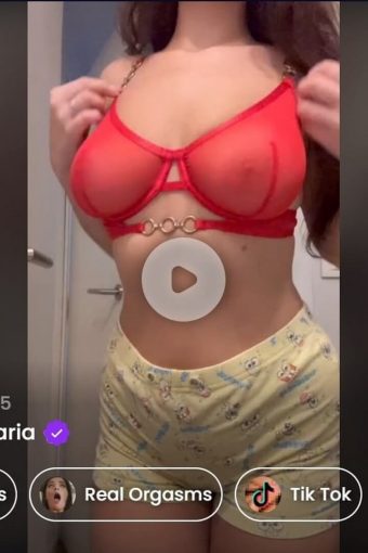 busty brunette with see-through red bra