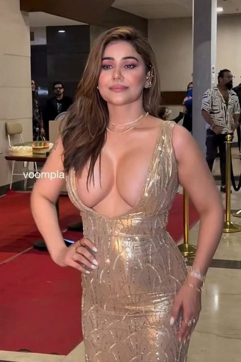 hot bollywood actress with big boobs in sexy dress with huge cleavage