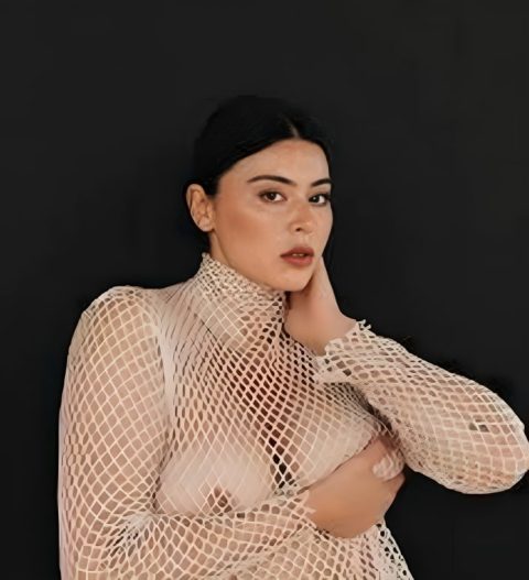 fashion celebrity model with nude tits in see-through outfit