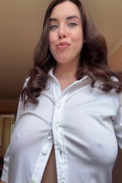 cute brunette with big boobs in white braless shirt