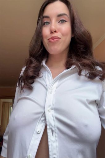 cute brunette with big boobs in white braless shirt