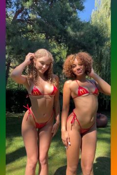 2 naughty hot girls in bikini flashing tits in the backyard