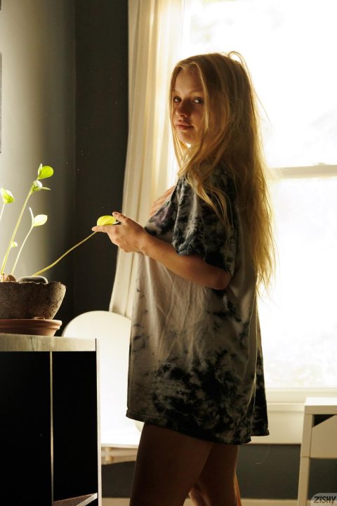 blonde girl braless blouse indoors photoshoot