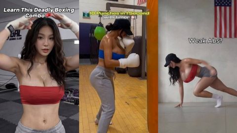 busty fitness influencer in hot training poster