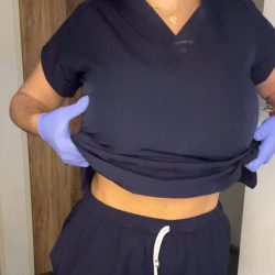 Busty housekeeper lady in uniform revealing huge natural racks from her blouse high-quality NSFW cleaning roleplay.