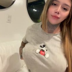 Younger babe reveals her big tits under braless blouse - short video frame