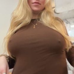 Busty real amateur shows her bare boobs under braless blouse - sexy gif preview