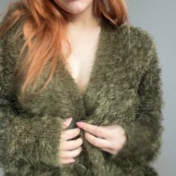 Freckled busty redhead opens her jacket - intense gif peview