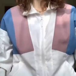 Sexy amateur girl in leopard panties unzipping an athletic jacket to reveal her naked big boobs and big nipples in a high-quality "Bigger Than You Thought" reel.