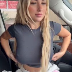 sexy busty blonde babe flashing tits inside the car under brakless tight blouse