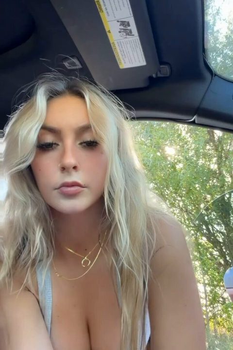 Stunning blonde independent creator posing outside a vehicle on a secluded roadside, captured through the passenger window as she sheds her outfit to go completely naked.- prview