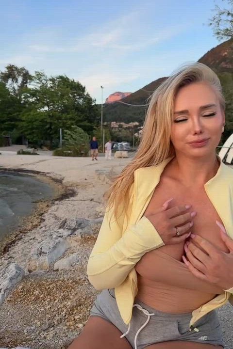 Blonde Creator Flashes Big Tits on Public Beach from Sexy Outfit - intense gif peview