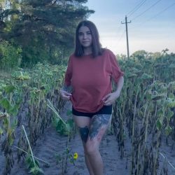 Cute busty tattooed girl flashing big saggy tits outdoors